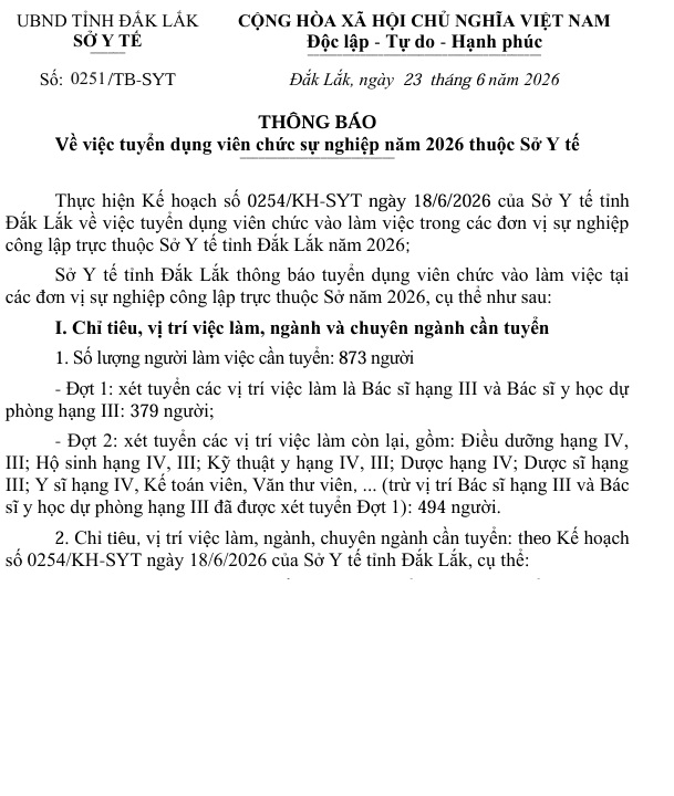 Thông báo về việc tuyển dụng viên chức sự nghiệp năm 2026 thuộc Sở Y tế